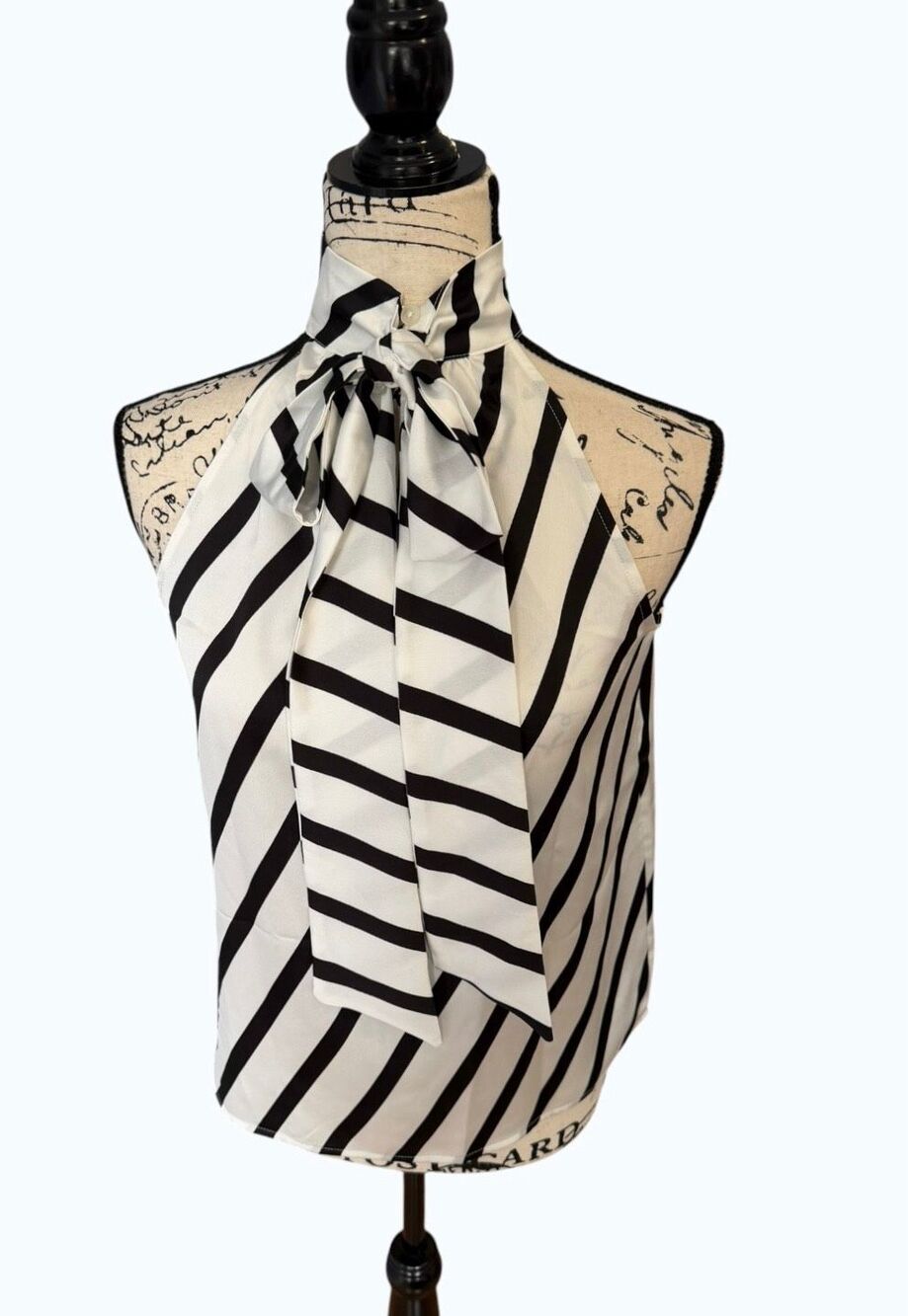 LOFT NWT Striped Halter Neck Blouse XS Black White Braided Armhole Tie Bow